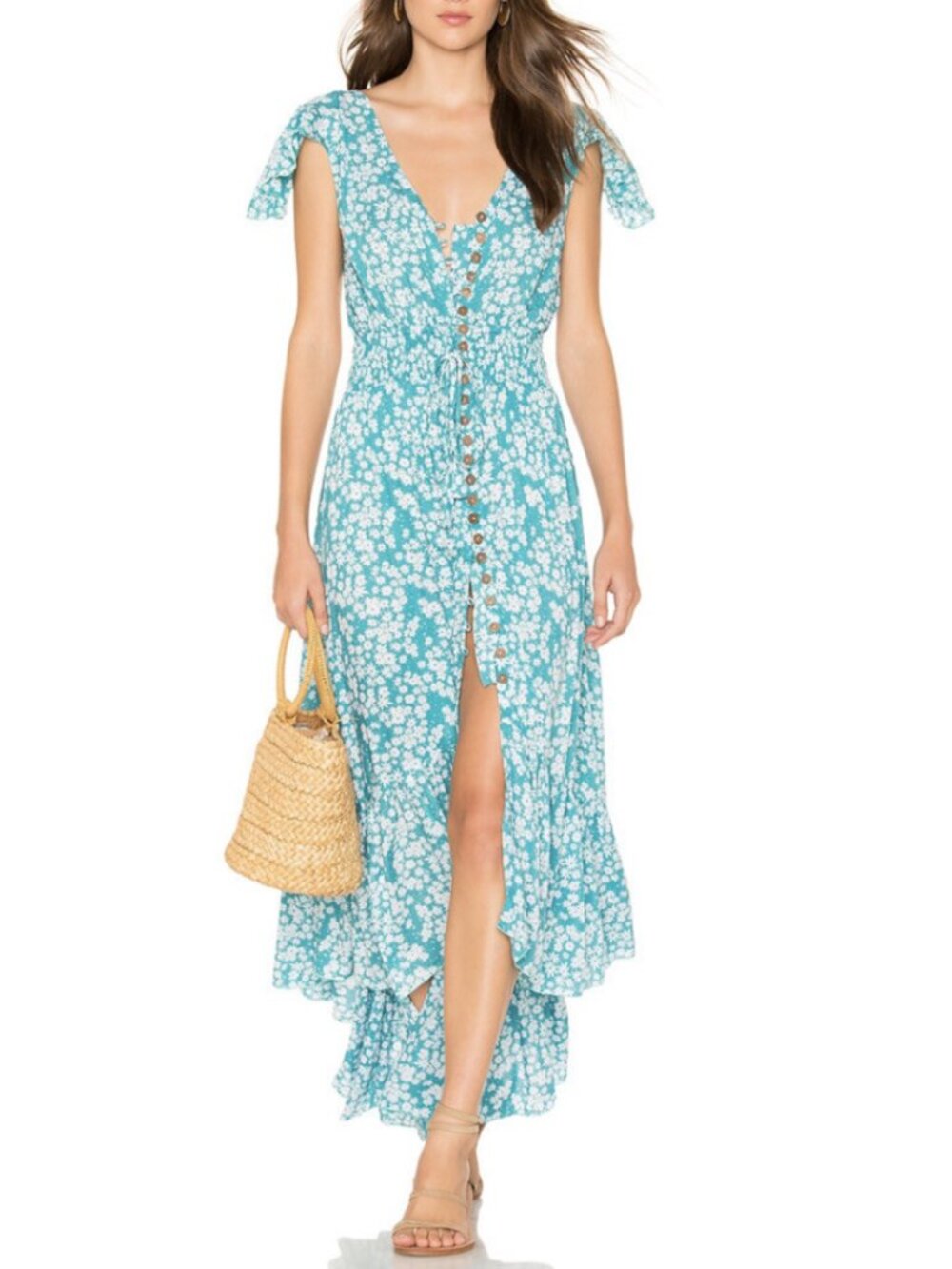 Tiare Hawaii New Moon Teal Floral High Low Maxi Dress S/M